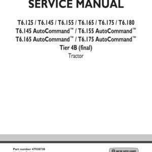 May include: A white service manual cover with the title "SERVICE MANUAL" in bold black letters. Below the title are model numbers and the text "Tractor Tier 4B (final)". The New Holland Agriculture logo is in the bottom right corner.