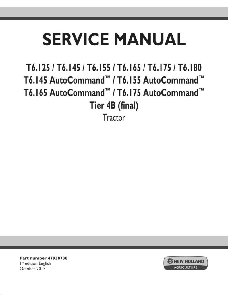 May include: A white service manual cover with the title "SERVICE MANUAL" in bold black letters. Below the title are model numbers and the text "Tractor Tier 4B (final)". The New Holland Agriculture logo is in the bottom right corner.