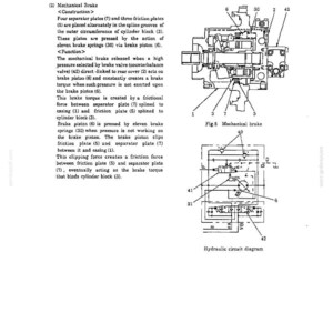 May include: A technical document page featuring a black and white cross-section diagram labeled Fig. 5 Mechanical brake, a hydraulic circuit diagram, and descriptive text explaining the construction and function of the mechanical brake system.