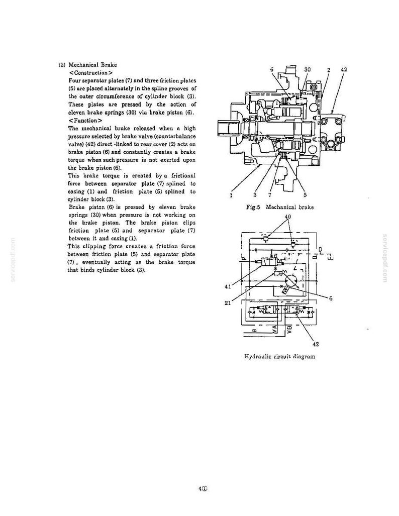 May include: A technical document page featuring a black and white cross-section diagram labeled Fig. 5 Mechanical brake, a hydraulic circuit diagram, and descriptive text explaining the construction and function of the mechanical brake system.