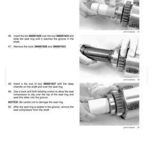 May include: A grayscale image showing steps for transmission repair. The instructions include heating a seal ring, placing it on a tool, inserting tools, and removing components. The image includes text and diagrams for clarity.