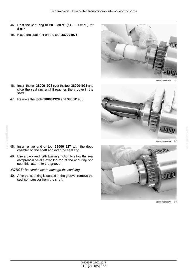 May include: A grayscale image showing steps for transmission repair. The instructions include heating a seal ring, placing it on a tool, inserting tools, and removing components. The image includes text and diagrams for clarity.