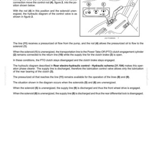 Puede incluir: Diagrama de un sistema de control electrohidr&aacute;ulico trasero, que detalla el proceso de desconexi&oacute;n de la toma de fuerza (TDF). Incluye un esquema con componentes etiquetados y texto que explica la funci&oacute;n y el funcionamiento del sistema.