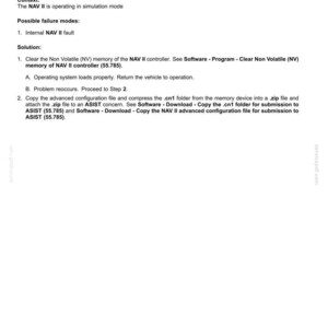 May include: A white document with black text detailing electrical system fault codes for a precision farming system. The document includes context, possible failure modes, and a solution for the internal NAV II fault.
