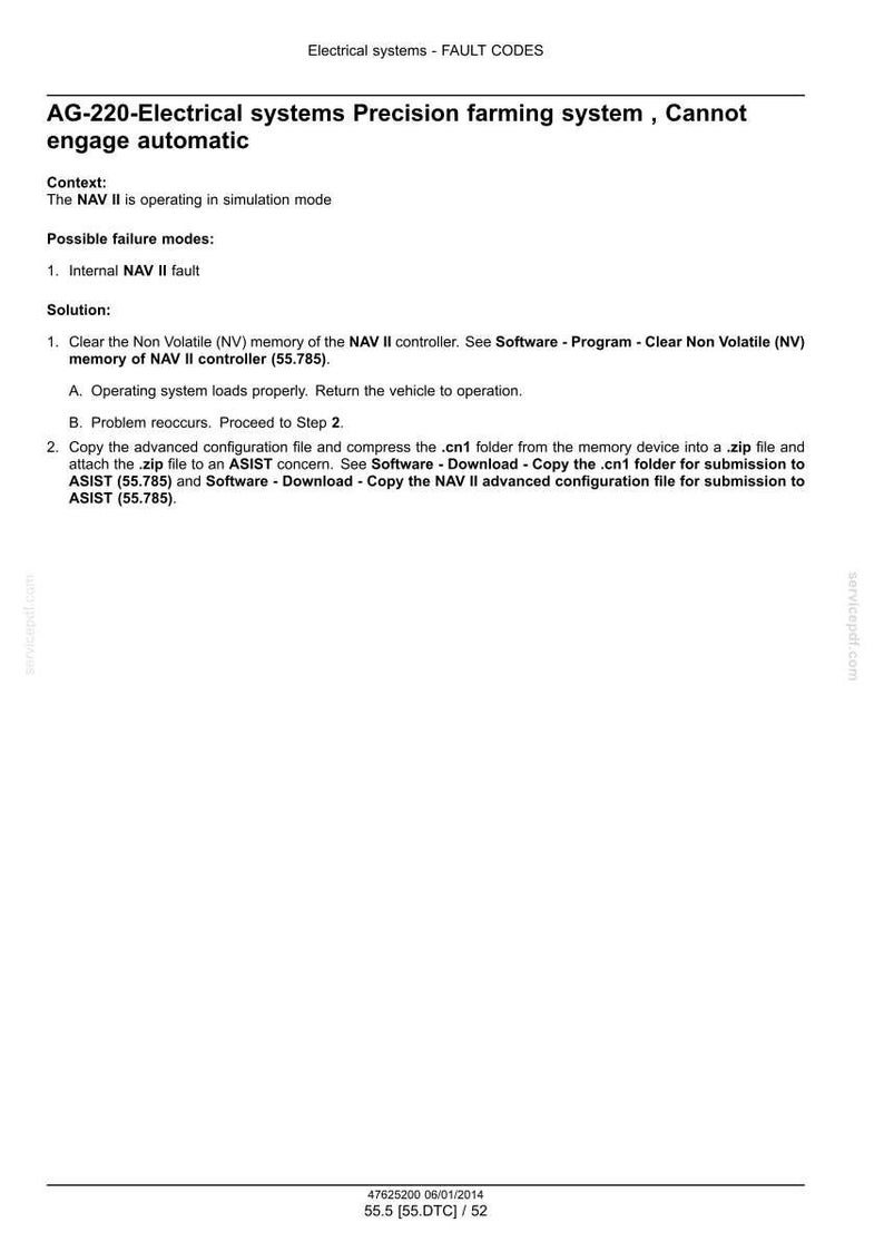 May include: A white document with black text detailing electrical system fault codes for a precision farming system. The document includes context, possible failure modes, and a solution for the internal NAV II fault.