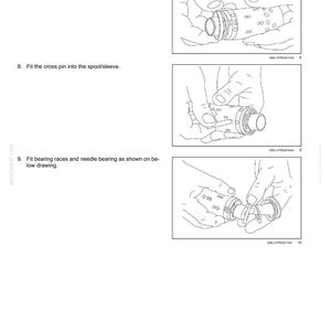 May include: Technical diagram illustrating the assembly of a steering control system. The image shows detailed line drawings of components being fitted together, with text instructions. The diagram includes steps for guiding a ring, fitting a cross pin, and installing bearing races.