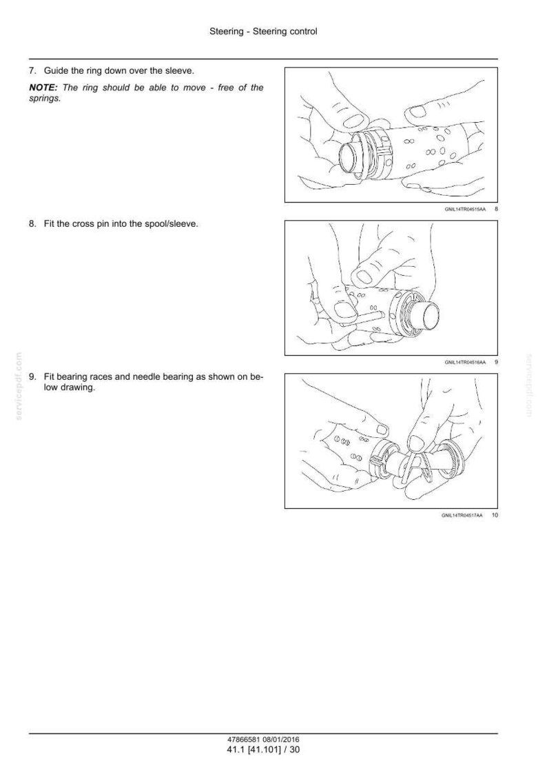 May include: Technical diagram illustrating the assembly of a steering control system. The image shows detailed line drawings of components being fitted together, with text instructions. The diagram includes steps for guiding a ring, fitting a cross pin, and installing bearing races.