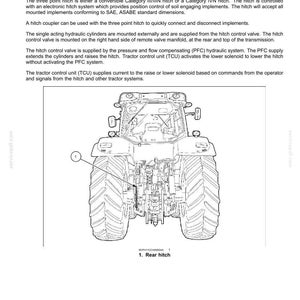May include: Diagram of a tractor's rear three-point hitch, detailing its components and functionality. Includes text describing the hitch's features, such as the electronic control system and hydraulic cylinders. The image also includes the text "Rear three-point hitch - Dynamic description".