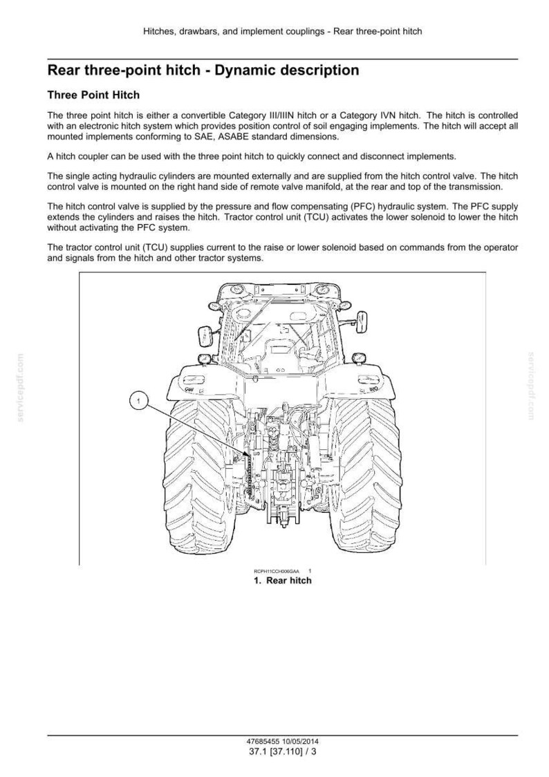 May include: Diagram of a tractor's rear three-point hitch, detailing its components and functionality. Includes text describing the hitch's features, such as the electronic control system and hydraulic cylinders. The image also includes the text "Rear three-point hitch - Dynamic description".