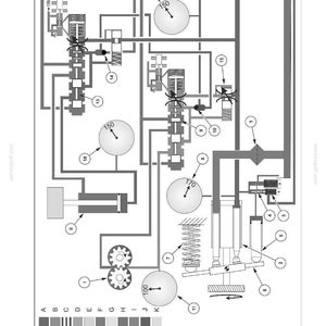 Op de afbeelding: Een technisch zwart-wit schema getiteld Hydraulic systems, met diverse onderling verbonden componenten, ronde meters met getallen zoals 150 en 170, genummerde onderdelen en een legenda met de letters A tot en met K aan de onderzijde.