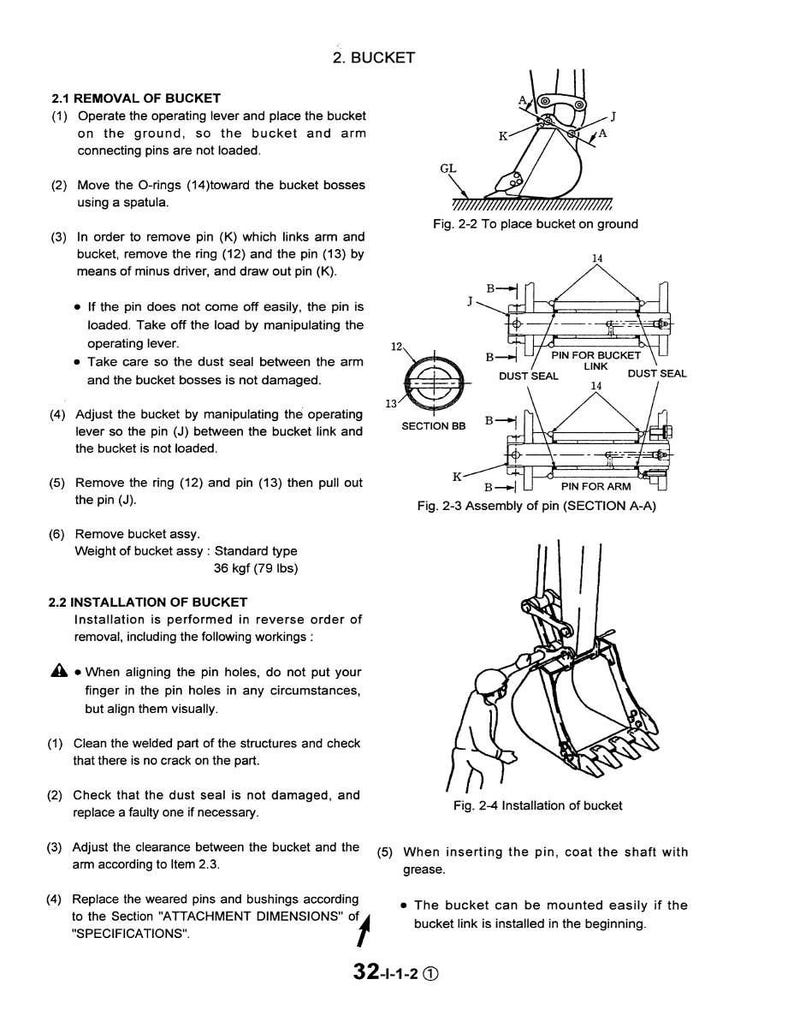 May include: A technical diagram from a manual detailing the removal and installation of a bucket. The diagram includes illustrations of the bucket assembly, with measurements in pounds and kilograms. Text includes instructions and safety precautions.