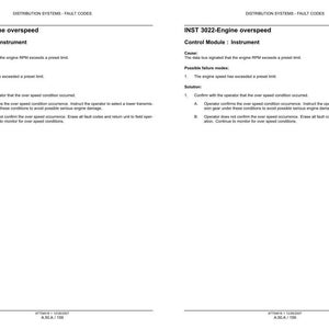 May include: A technical document page titled Distribution Systems - Fault Codes, detailing INST 3022-Engine overspeed. It lists the control module as Instrument, the cause as engine RPM exceeding a limit, and provides solutions for operators.