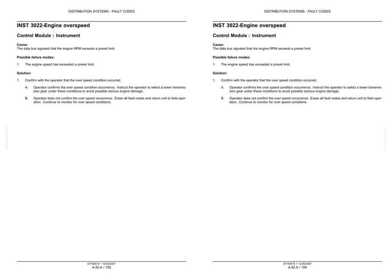May include: A technical document page titled Distribution Systems - Fault Codes, detailing INST 3022-Engine overspeed. It lists the control module as Instrument, the cause as engine RPM exceeding a limit, and provides solutions for operators.