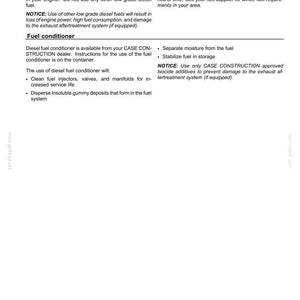 May include: A page from a maintenance manual with text about diesel fuel specifications and fuel conditioner. The text includes warnings about using the correct fuel grade and the use of additives. The page is white with black text.