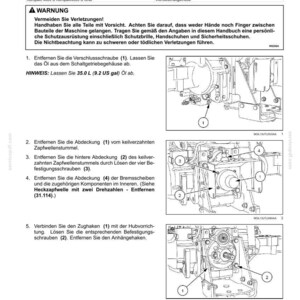 May include: A technical manual page titled Heckzapfwelle mit zwei Drehzahlen featuring diagrams for disassembling a hydraulic PTO shaft. It includes safety warnings, numbered steps, and illustrations showing mechanical components and fasteners.