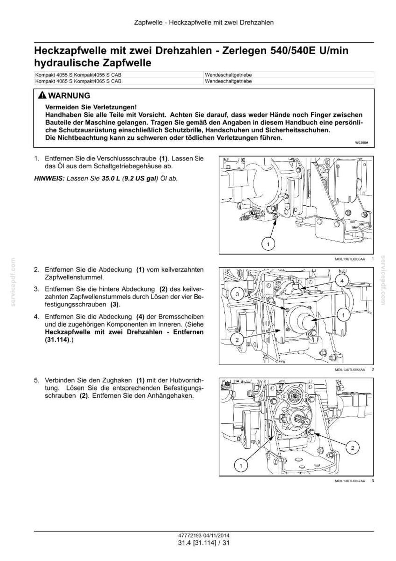 May include: A technical manual page titled Heckzapfwelle mit zwei Drehzahlen featuring diagrams for disassembling a hydraulic PTO shaft. It includes safety warnings, numbered steps, and illustrations showing mechanical components and fasteners.