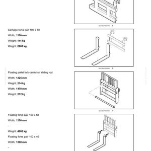 May include: A technical document page titled 10 - ACCESSORIES displaying line drawings and specifications for forklift equipment including a pallet fork carriage with side-shift, carriage forks, a floating pallet fork carrier, and floating forks.
