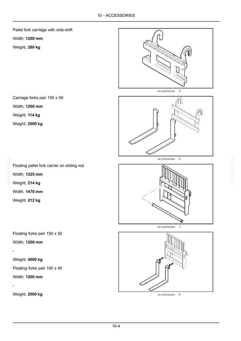 May include: A technical document page titled 10 - ACCESSORIES displaying line drawings and specifications for forklift equipment including a pallet fork carriage with side-shift, carriage forks, a floating pallet fork carrier, and floating forks.