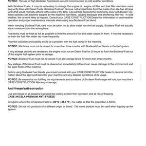 May include: A page from a maintenance manual with the title "6 - MAINTENANCE." The text provides instructions and warnings about using biodiesel fuel and anti-freeze in machinery, including temperature specifications and brand recommendations.