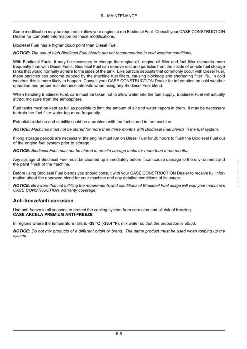 May include: A page from a maintenance manual with the title "6 - MAINTENANCE." The text provides instructions and warnings about using biodiesel fuel and anti-freeze in machinery, including temperature specifications and brand recommendations.