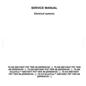 May include: A white page with the text "NEW HOLLAND AGRICULTURE SERVICE MANUAL Electrical systems". Below are technical specifications for various models, including T8.320, T8.350, and T8.380.