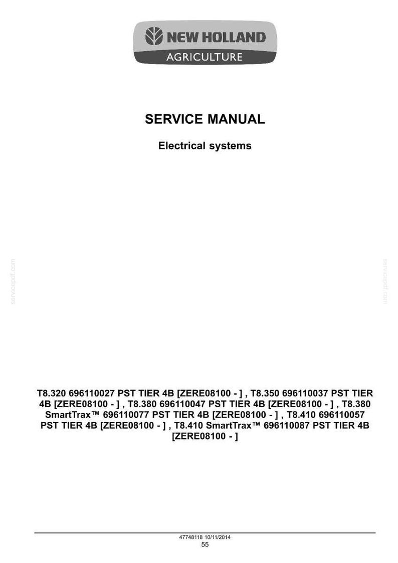 May include: A white page with the text "NEW HOLLAND AGRICULTURE SERVICE MANUAL Electrical systems". Below are technical specifications for various models, including T8.320, T8.350, and T8.380.