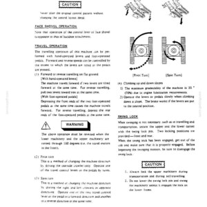 May include: A technical manual page detailing heavy machinery operation, including instructions for face shovel and travel operations, pivot and spin turn diagrams, and safety warnings regarding swing locks and slope gradeability limits.