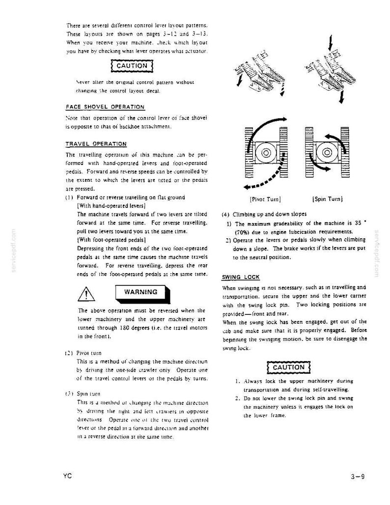 May include: A technical manual page detailing heavy machinery operation, including instructions for face shovel and travel operations, pivot and spin turn diagrams, and safety warnings regarding swing locks and slope gradeability limits.