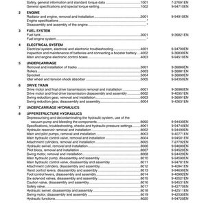 May include: A black and white technical document titled E805 Tier 3 Crawler Excavators Table of Contents. It lists eight sections including General Information, Engine, Fuel System, Electrical System, Undercarriage, Drive Train, and Hydraulics.