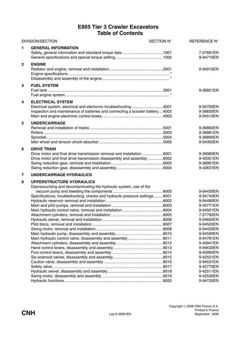 May include: A black and white technical document titled E805 Tier 3 Crawler Excavators Table of Contents. It lists eight sections including General Information, Engine, Fuel System, Electrical System, Undercarriage, Drive Train, and Hydraulics.