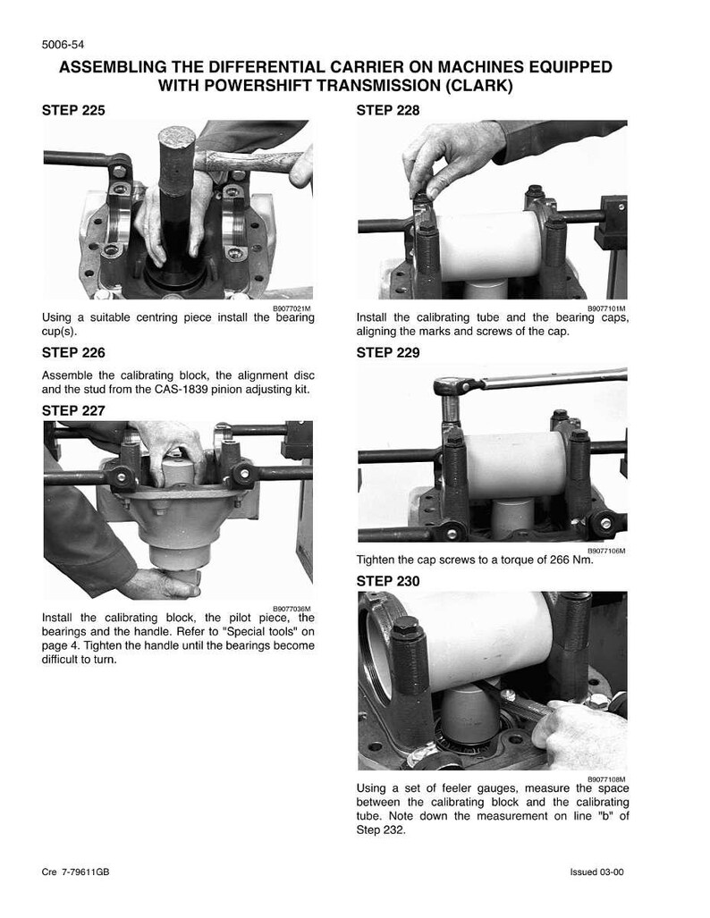 May include: Black and white technical diagram showing the assembly of a differential carrier on machines with powershift transmission. Instructions include installing bearing cups, calibrating blocks, and tightening screws. Text includes "ASSEMBLING THE DIFFERENTIAL CARRIER".