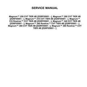 Op de afbeelding: Een wit document met het Case IH Agriculture-logo en de vetgedrukte tekst "SERVICE MANUAL". Hieronder wordt een lijst met Magnum CVT TIER 4B-modellen weergegeven, inclusief modelnummers en specificaties.