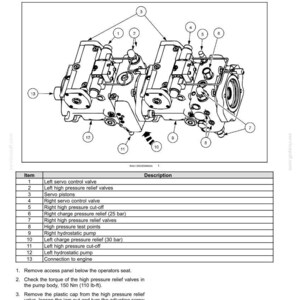 Peut inclure: Sch&eacute;ma technique d'une pompe d'alimentation de circuit hydrostatique, &eacute;tiquet&eacute;e "Pompe gauche." L'image pr&eacute;sente un sch&eacute;ma d&eacute;taill&eacute; avec des composants num&eacute;rot&eacute;s et une liste de description correspondante. La pompe est un assemblage m&eacute;canique complexe.