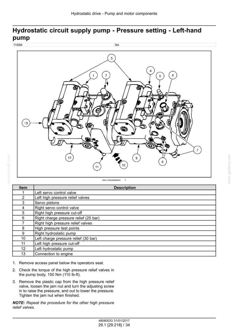 Peut inclure: Sch&eacute;ma technique d'une pompe d'alimentation de circuit hydrostatique, &eacute;tiquet&eacute;e "Pompe gauche." L'image pr&eacute;sente un sch&eacute;ma d&eacute;taill&eacute; avec des composants num&eacute;rot&eacute;s et une liste de description correspondante. La pompe est un assemblage m&eacute;canique complexe.