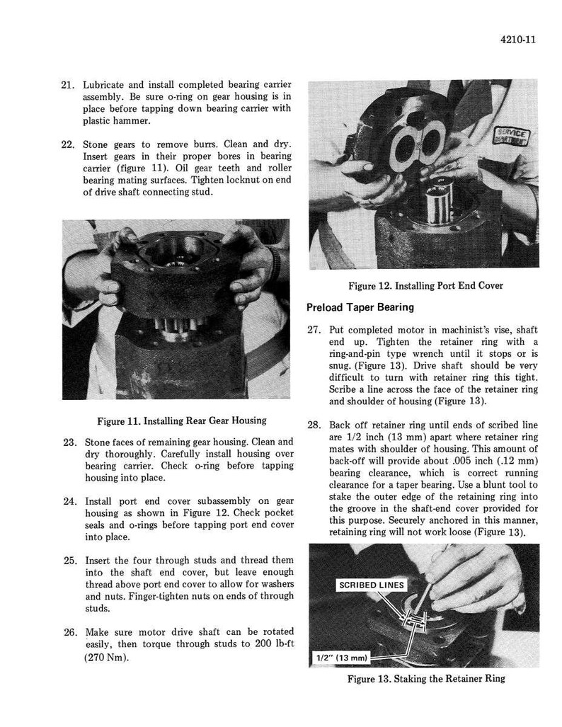 May include: A black and white technical diagram from a service manual, detailing the assembly of mechanical components. The diagram includes text, illustrations, and measurements in inches and millimeters, focusing on the installation of a retainer ring.