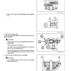 May include: Diagram of a hydraulic swing system, detailing the disassembly of check and relief valves. Includes numbered steps and part references like (2-27-3). The image is a technical illustration with cross-sectional views.