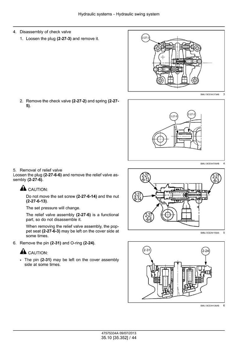 May include: Diagram of a hydraulic swing system, detailing the disassembly of check and relief valves. Includes numbered steps and part references like (2-27-3). The image is a technical illustration with cross-sectional views.