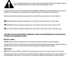 May include: A page from a manual titled "Safety rules" with the introduction and safety guidelines. The page includes the safety alert symbol, and definitions for DANGER, WARNING, and CAUTION. The text is in black font on a white background.