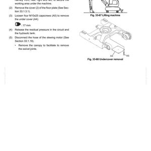 Op de afbeelding: Een pagina uit een technisch handboek getiteld 33. SLEWING UPPER STRUCTURE 33.1.20 ROTARY CONTROL VALVE. Het bevat instructies voor verwijdering, een icoon van een 17 mm moersleutel en twee diagrammen genaamd Fig. 33-67 Lifting machine en Fig. 33-68 Undercover removal.