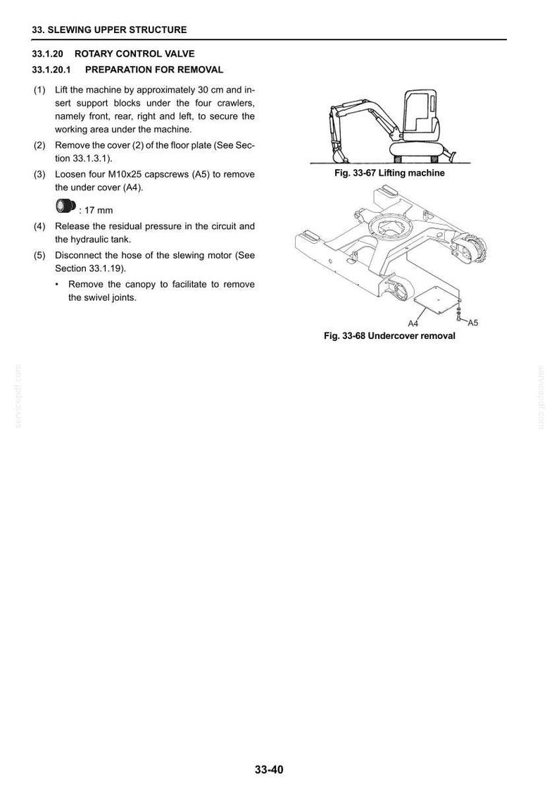 Op de afbeelding: Een pagina uit een technisch handboek getiteld 33. SLEWING UPPER STRUCTURE 33.1.20 ROTARY CONTROL VALVE. Het bevat instructies voor verwijdering, een icoon van een 17 mm moersleutel en twee diagrammen genaamd Fig. 33-67 Lifting machine en Fig. 33-68 Undercover removal.