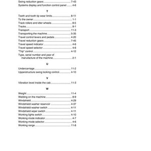 May include: A page from a manual with the title "SECTION 12 - ALPHABETICAL INDEX". The text lists various mechanical components and their corresponding page numbers, such as "Sun shield", "Windshield", and "Working range".