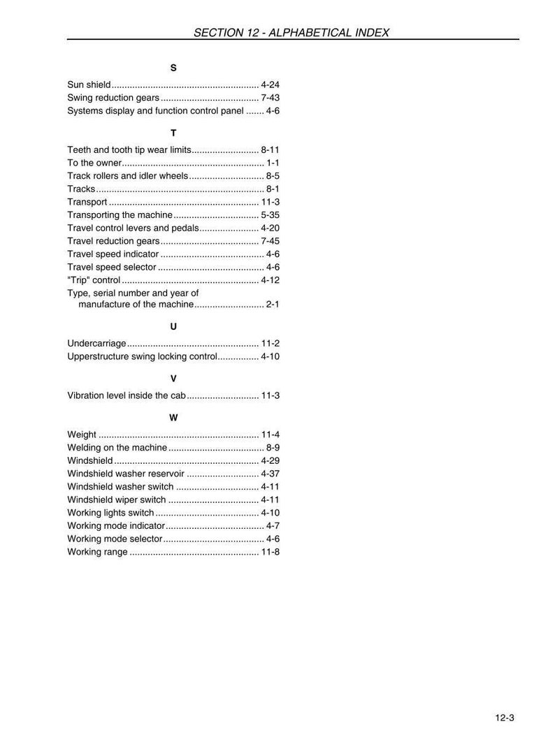 May include: A page from a manual with the title "SECTION 12 - ALPHABETICAL INDEX". The text lists various mechanical components and their corresponding page numbers, such as "Sun shield", "Windshield", and "Working range".