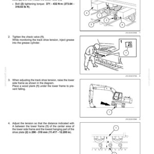 May include: Diagram illustrating track frame roller installation. Instructions include inserting wood planks, installing bolts with a 27 mm wrench, and adjusting tension. The distance between the lower frame and shoe plate is 11.417-12.205 inches.