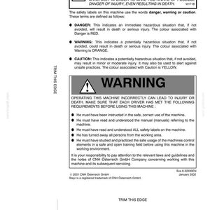 May include: A black and white safety manual page featuring a warning symbol and text detailing danger, warning, and caution definitions. It includes instructions for machine operators, safety requirements, and CNH &Ouml;sterreich GmbH branding.
