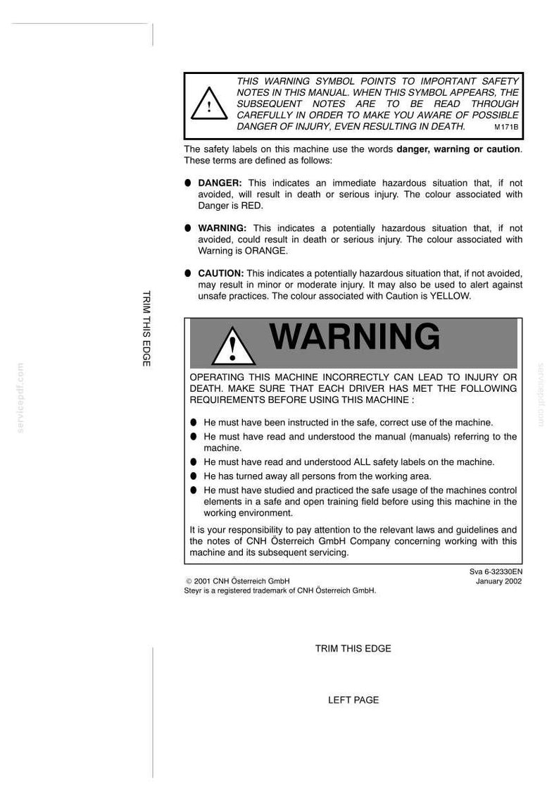 May include: A black and white safety manual page featuring a warning symbol and text detailing danger, warning, and caution definitions. It includes instructions for machine operators, safety requirements, and CNH &Ouml;sterreich GmbH branding.