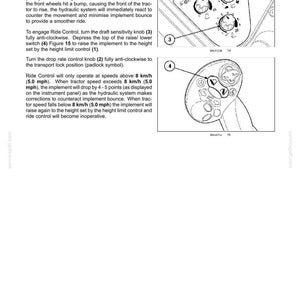 May include: A technical manual page titled 6-WORKING OPERATIONS describing Dynamic Ride Control. It features diagrams of a control panel with numbered knobs and a switch, labeled 1 through 4, explaining tractor hydraulic system adjustments.
