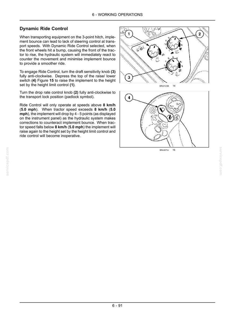 May include: A technical manual page titled 6-WORKING OPERATIONS describing Dynamic Ride Control. It features diagrams of a control panel with numbered knobs and a switch, labeled 1 through 4, explaining tractor hydraulic system adjustments.