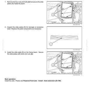 May include: Technical diagram illustrating the replacement of a powered front axle slide plate. The image details the removal and installation steps, with annotations for bolts, nuts, and plate components. Metric measurements are used.