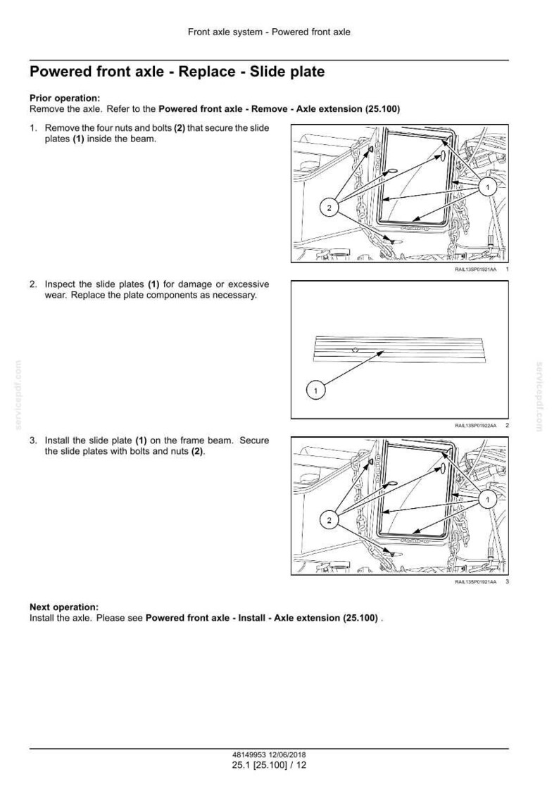 May include: Technical diagram illustrating the replacement of a powered front axle slide plate. The image details the removal and installation steps, with annotations for bolts, nuts, and plate components. Metric measurements are used.