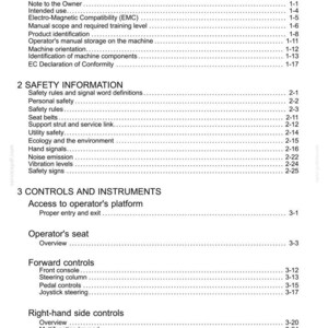 May include: A white document page with the title "Contents" at the top. The document is divided into sections, including "General Information," "Safety Information," and "Controls and Instruments." Each section lists subtopics with page numbers.